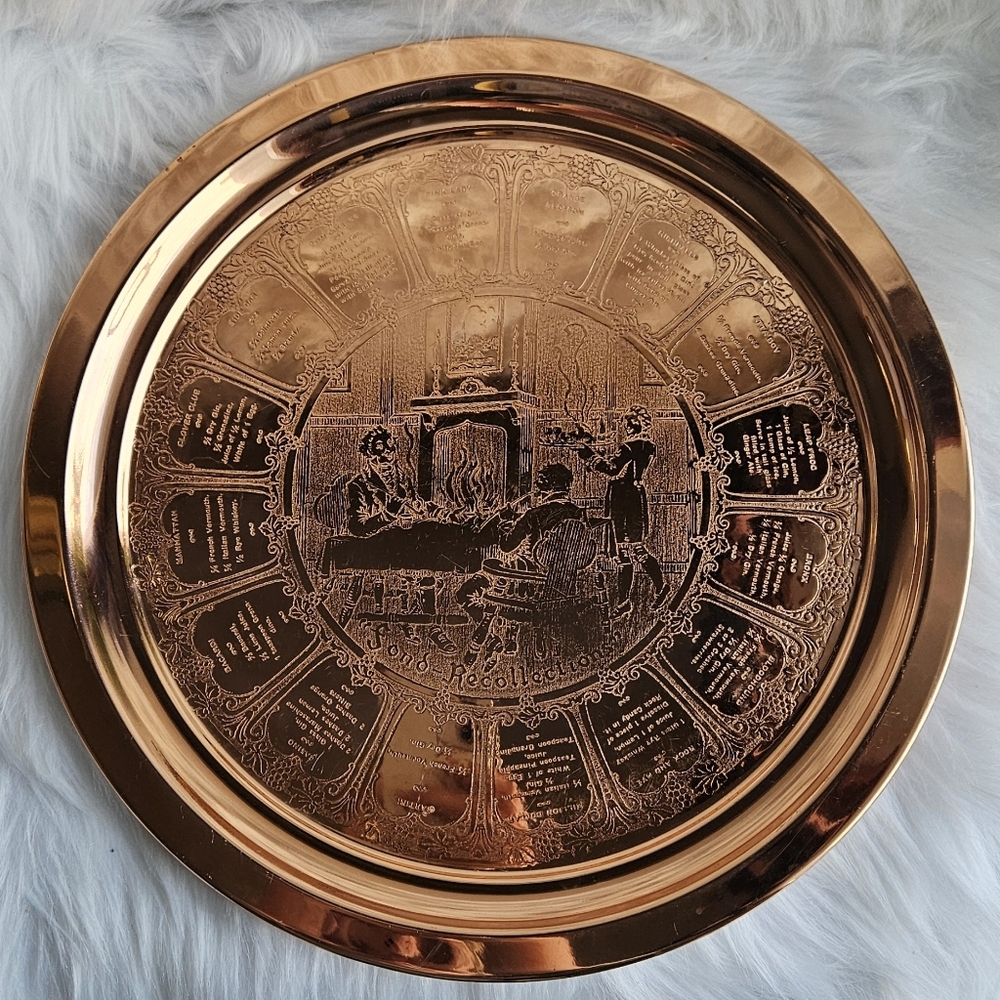 Vintage Copper “Fond Recollection” Bar Tray – Cocktail Recipe Design, 1960s